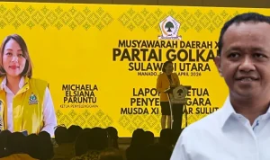 Ketua Penyelenggara Musda XI Golkar Sulut, Michaela Elsiana Paruntu membawakan sambutan pada pembukaan Musda XI, Sabtu (11/4/2026).(Foto: vivasulut)