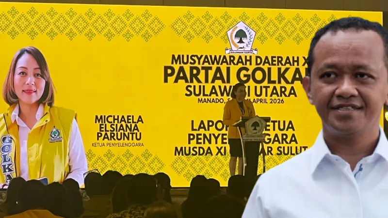 Ketua Penyelenggara Musda XI Golkar Sulut, Michaela Elsiana Paruntu membawakan sambutan pada pembukaan Musda XI, Sabtu (11/4/2026).(Foto: vivasulut)