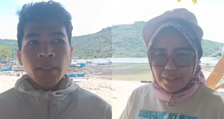 Adrianus Malintoi dari Rare Indonesia (kiri), dan Sangadi Desa Molobog, Sandra Dewi Tololiu (kanan) dalam patroli laut di Jiko, Boltim.(Foto: RARE Indonesia)