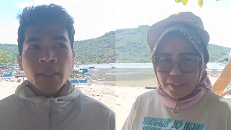 Adrianus Malintoi dari Rare Indonesia (kiri), dan Sangadi Desa Molobog, Sandra Dewi Tololiu (kanan) dalam patroli laut di Jiko, Boltim.(Foto: RARE Indonesia)