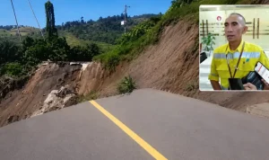 Longsor di jalan yang menghubungkan Desa Pinenek dan Kelurahan Pinasungkulan, Minggu (7/6/2026). Insert, External Relation Department Head PT MSM, Herry Sinyo Rumondor.