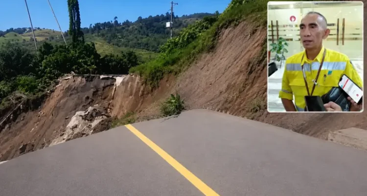 Longsor di jalan yang menghubungkan Desa Pinenek dan Kelurahan Pinasungkulan, Minggu (7/6/2026). Insert, External Relation Department Head PT MSM, Herry Sinyo Rumondor.