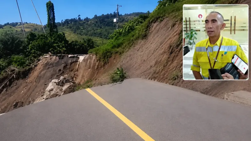 Longsor di jalan yang menghubungkan Desa Pinenek dan Kelurahan Pinasungkulan, Minggu (7/6/2026). Insert, External Relation Department Head PT MSM, Herry Sinyo Rumondor.