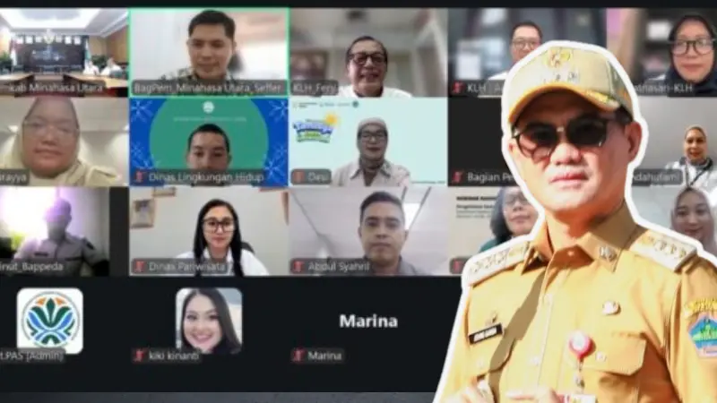 Kepala Bagian Pemerintahan Setda Minahasa Utara, Sefferson Sumampouw, mengikuti rapat daring tindak lanjut program Official Development Assistance (ODA). Insert: Bupati Minut, Joune Ganda.