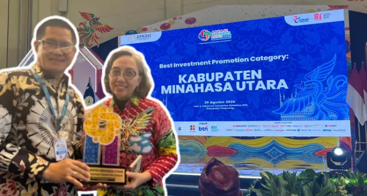 Bupati Minut Joune Ganda bersama Kepala Dinas Perindustrian Minut Agnes Tumangkeng sebagai penanggung jawab stand Minahasa Utara pada gelaran APKASI Otonomi Expo 2026, dengan bangga mengangkat tropi penghargaan untuk Minut.(foto: vivasulut)